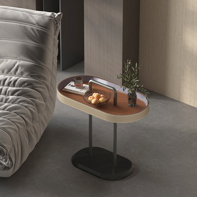 Elegant Oval Saddle Leather and Marble End Table - Nordic-Style Sofa Side Table for Living Room