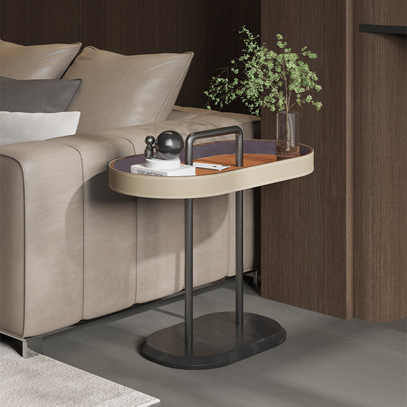 Elegant Oval Saddle Leather and Marble End Table - Nordic-Style Sofa Side Table for Living Room