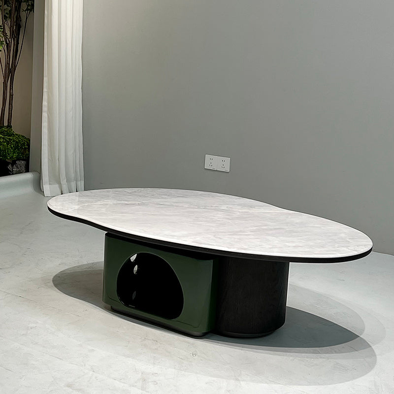 Oval Sintered Stone & Solid Wood Coffee Table with Unique Hollow Base – Scandinavian-Style End Table for Living Room