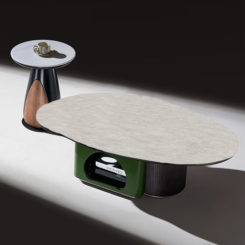 Oval Sintered Stone & Solid Wood Coffee Table with Unique Hollow Base – Scandinavian-Style End Table for Living Room