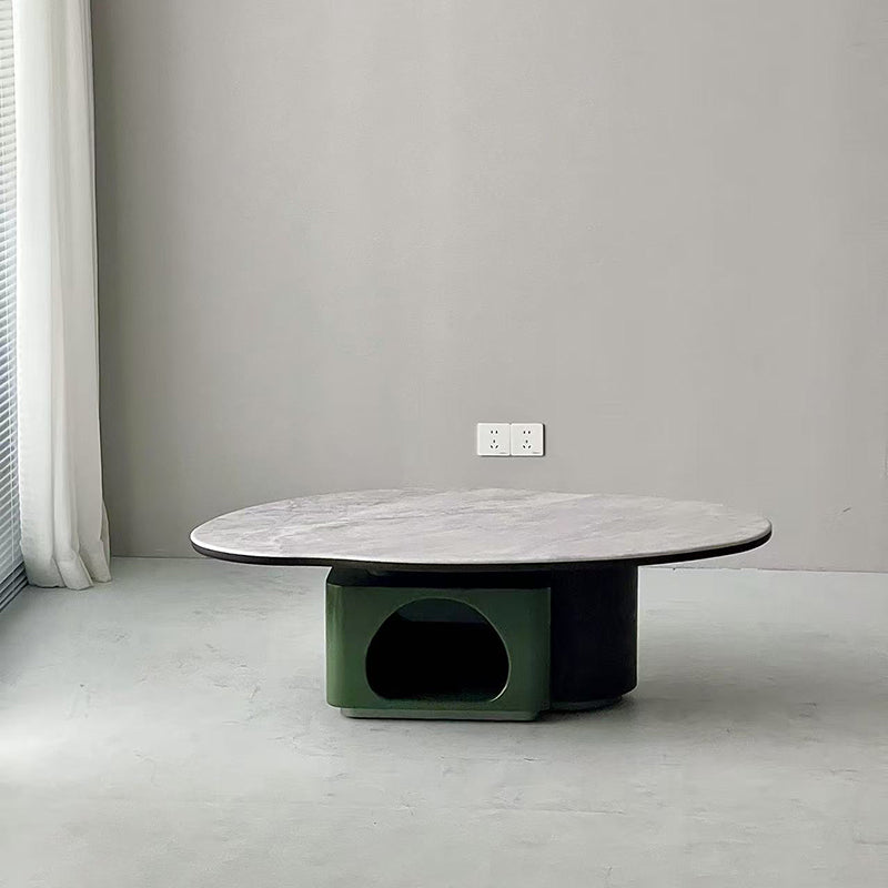 Oval Sintered Stone & Solid Wood Coffee Table with Unique Hollow Base – Scandinavian-Style End Table for Living Room