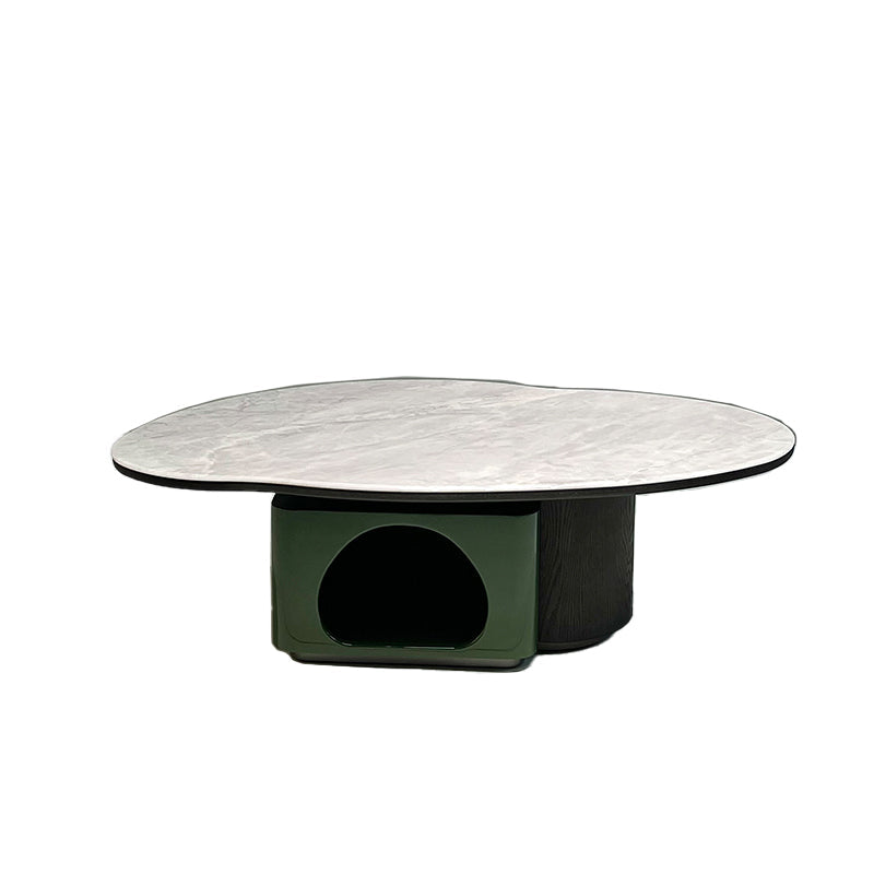 Oval Sintered Stone & Solid Wood Coffee Table with Unique Hollow Base – Scandinavian-Style End Table for Living Room