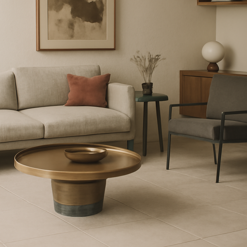 Round Sculptural Marble Coffee Table with Bronze Metal Base – Nordic-Style Living Room Accent Table