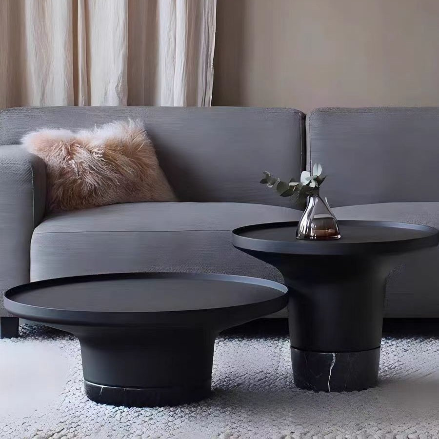 Round Sculptural Marble Coffee Table with Bronze Metal Base – Nordic-Style Living Room Accent Table