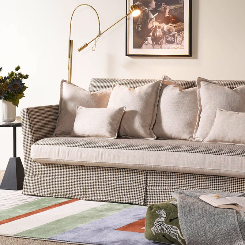 Birch Wood Sofa with Classic Houndstooth Pattern — Timeless Minimalist Elegance, 3/4 Seater for Living Room
