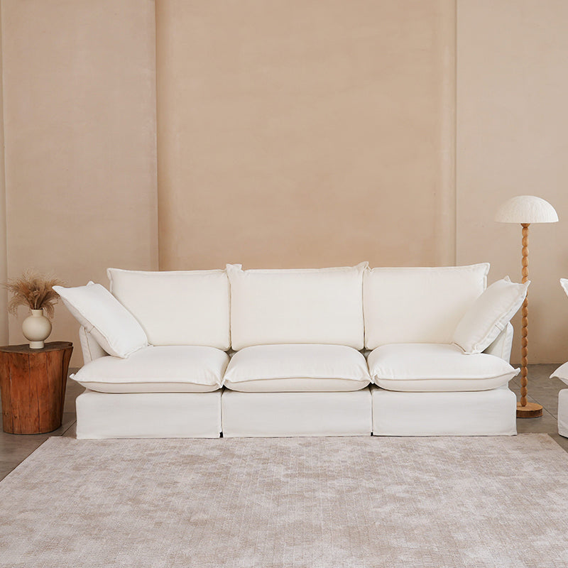 Pearl White Birch Wood Sofa — Modern Minimalist Pillow-Style Settee Bench for 2–3 Seats, Living Room Accent