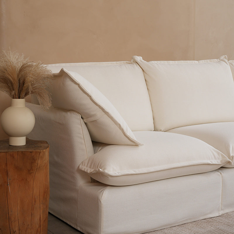 Pearl White Birch Wood Sofa — Modern Minimalist Pillow-Style Settee Bench for 2–3 Seats, Living Room Accent