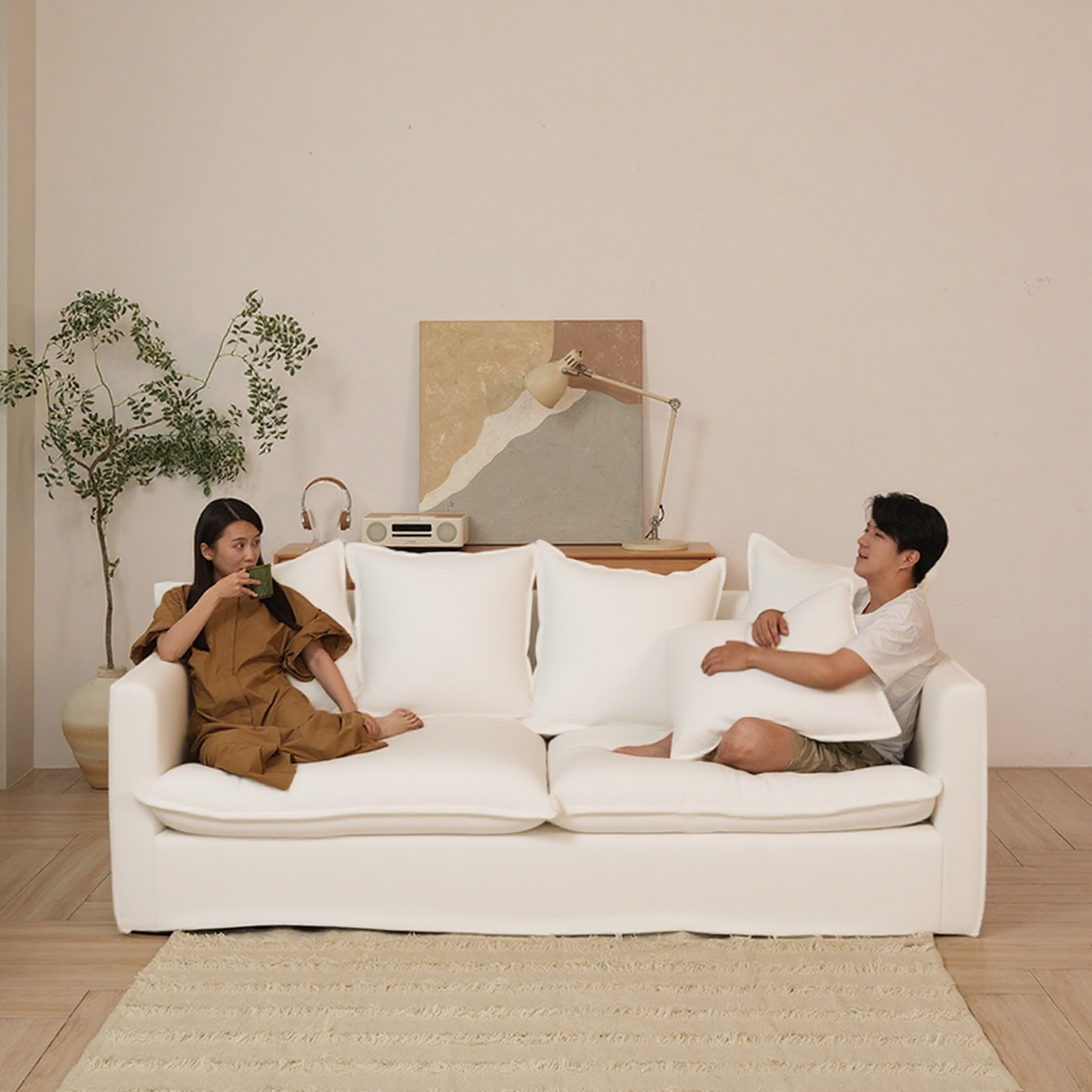 Moonlight White Linen Birch Wood Sofa — Elegant French-Style Soft-Touch Lounge Sofa, 3/4 Seater for Living Room