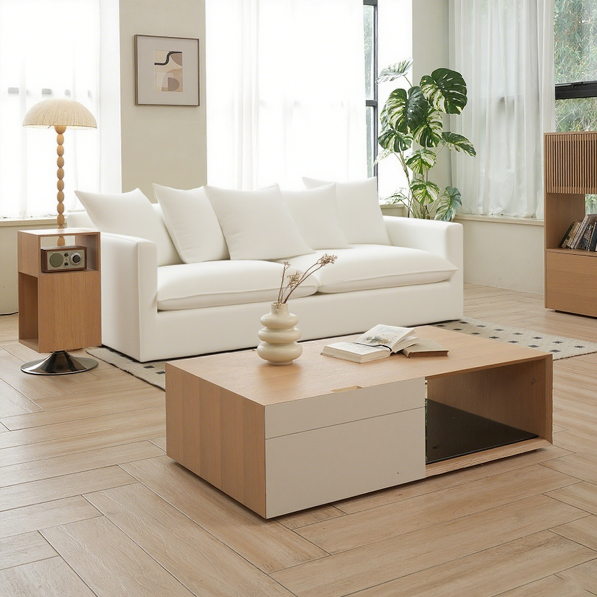 Moonlight White Linen Birch Wood Sofa — Elegant French-Style Soft-Touch Lounge Sofa, 3/4 Seater for Living Room
