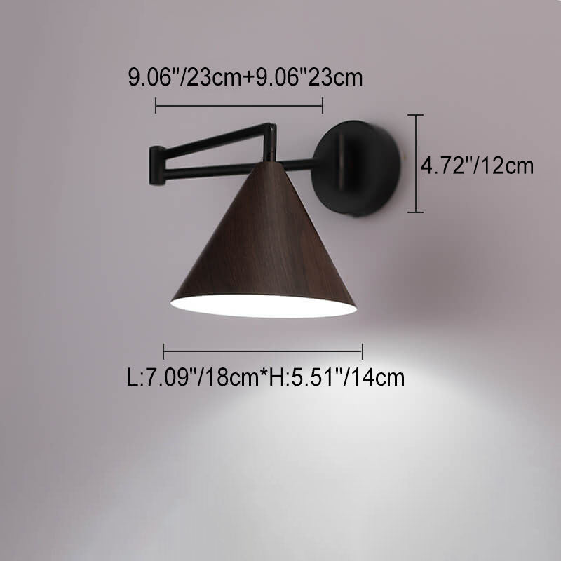 Nordic Minimalist Cone Swing Arm Wall Sconce Lamp - Wood Grain Iron Finish, 1-Light