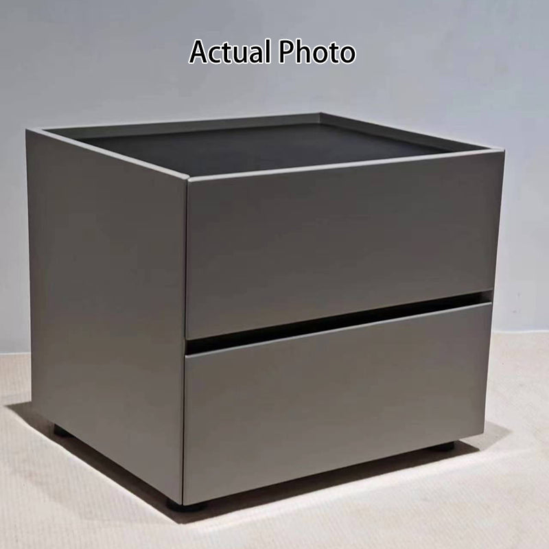 Sleek Modern Minimalist Nightstand with Dual Drawers — Light-Luxury Greige Neutral Bedside Storage Table for the Bedroom