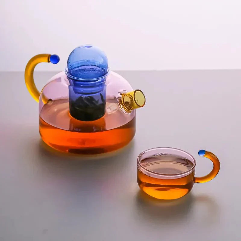 Heat-Resistant Glass Teapot Set with Bold Contrasting Colors