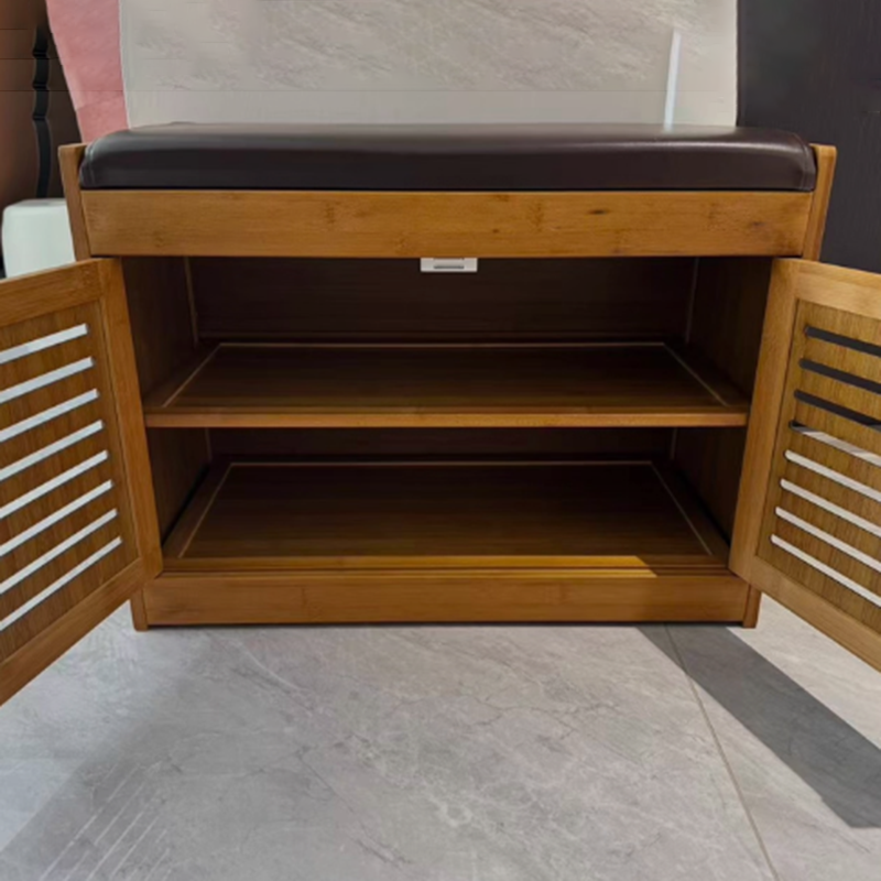 Modern Minimalist Rectangular Bamboo Faux Leather Shoe Bench — 2-, 3-, or 4-Cabinet Configurations for Entryway