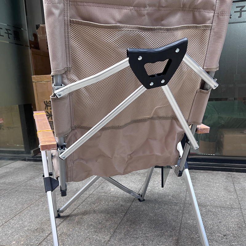 Contemporary Industrial Foldable Camping Chair with Oxford Fabric, Aluminum Alloy and Carbon Steel Frame, Solid Wood Accents, 5-Level Adjustable Backrest for Outdoor Patio