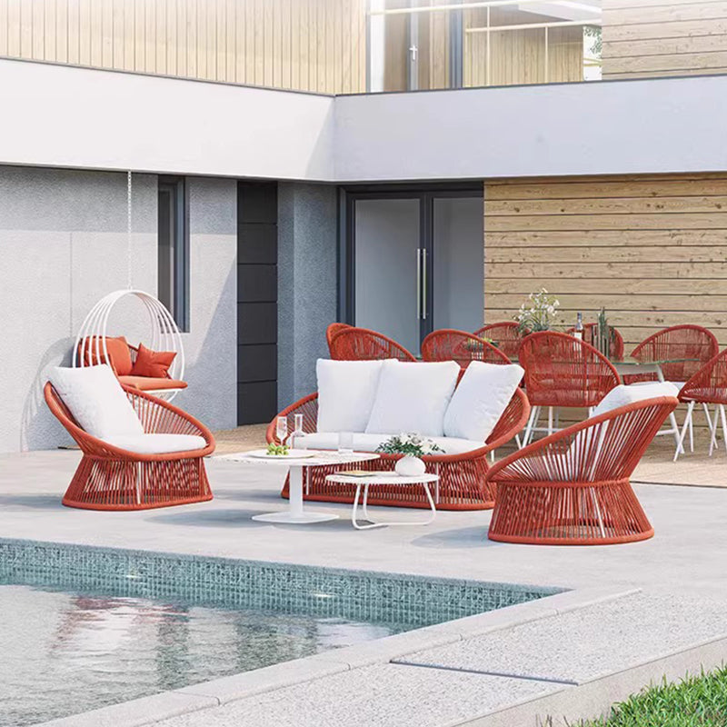 Contemporary Boho Waterproof Woven Rattan Rope Outdoor Coffee Table & Chair Set with Aluminum Alloy Slab – Round and Elliptical Patio Furniture