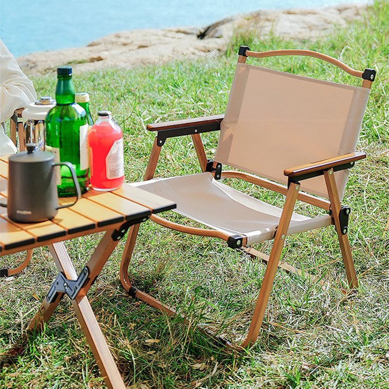 Modern Minimalist Outdoor Folding Chair — Carbon Steel Frame, Square Fabric Seat, Beech Wood Backrest and Armrests