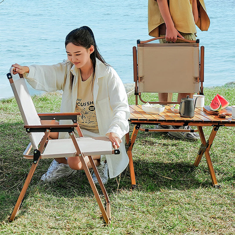 Modern Minimalist Outdoor Folding Chair — Carbon Steel Frame, Square Fabric Seat, Beech Wood Backrest and Armrests