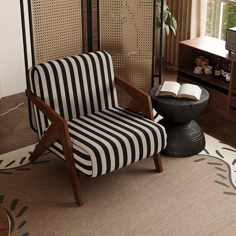 Traditional French-Style Rectangular Accent Chair in Cotton-Linen Fabric with Solid Wood Frame, Backrest and Armrests for Living Room
