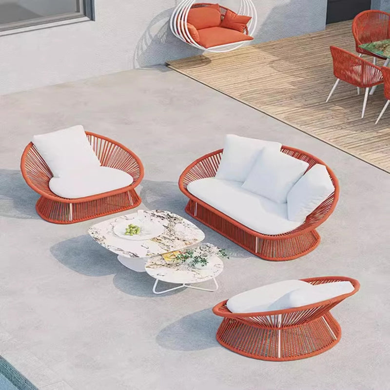 Contemporary Boho Waterproof Woven Rattan Rope Outdoor Coffee Table & Chair Set with Aluminum Alloy Slab – Round and Elliptical Patio Furniture