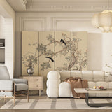 Traditional French-Style Rectangular Room Divider in Fir Wood with Floral and Bird Motif, Cotton Canvas Panels – Living Room Decor