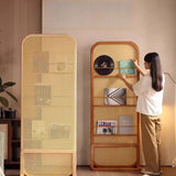 Traditional Chinese-Style Rubberwood Solid Wood Room Divider with PE Rattan Accents and 3-Tier Storage Shelf for Living Room