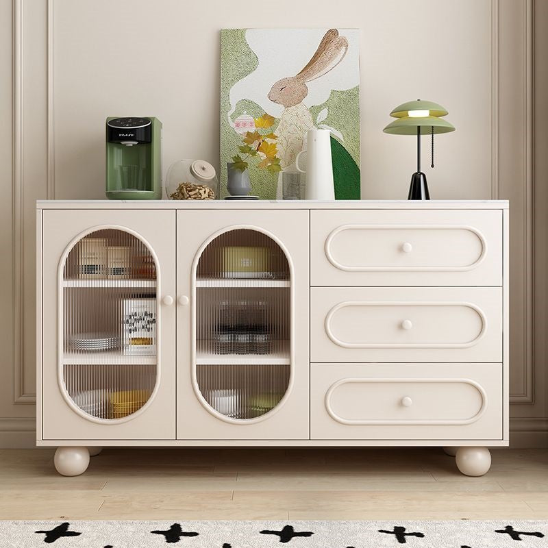 Contemporary Scandinavian Rectangular Sideboard with 1 Cabinet and 3 Drawers, Sintered Stone Surface, Fluted Glass Accents, MDF/Particle Board, Living Room