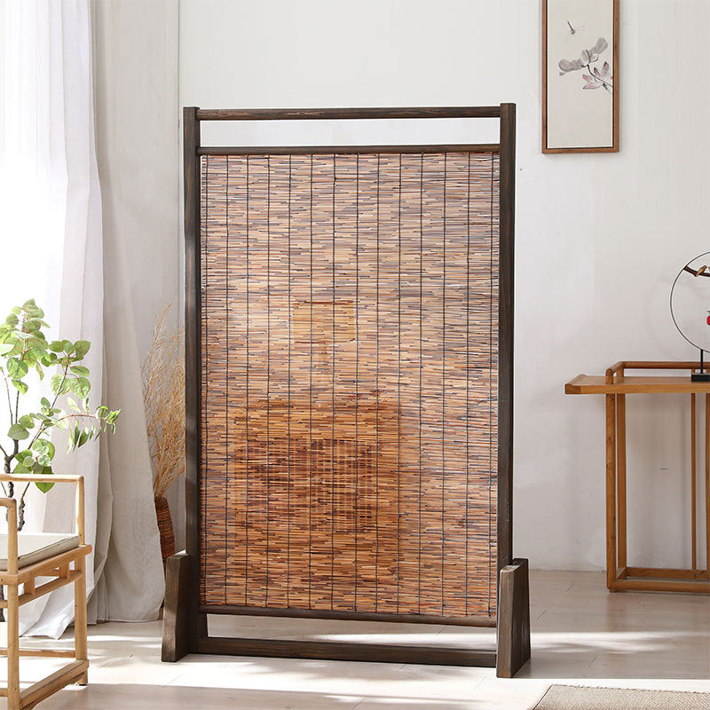 Traditional Chinese Rectangular Reed Room Divider in Solid Pine Wood for Living Room