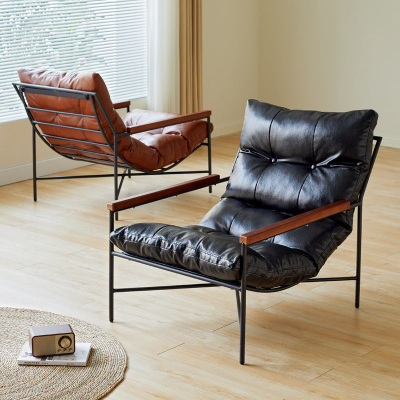 Modern Mid-Century Rectangular PU Leather Recliner Chair with Carbon Steel Frame, Rubberwood & Solid Wood Accents, PP Cotton Backrest for Living Room