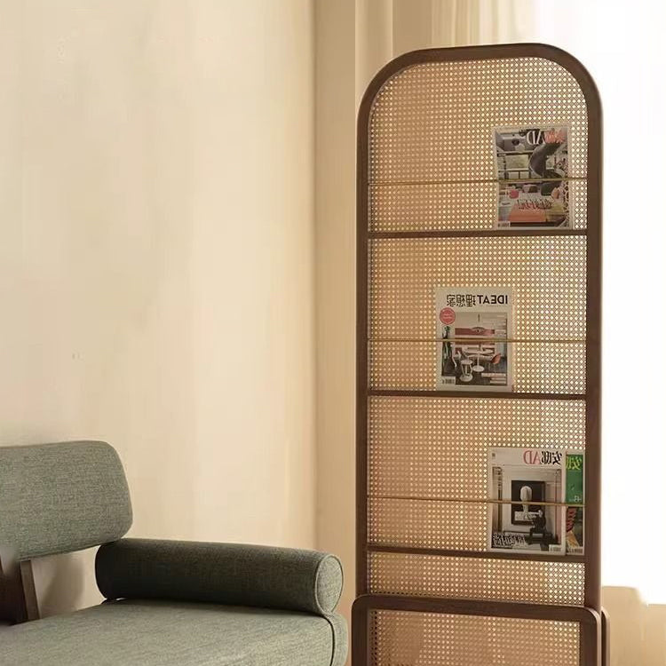Traditional Chinese-Style Rubberwood Solid Wood Room Divider with PE Rattan Accents and 3-Tier Storage Shelf for Living Room