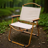Modern Minimalist Outdoor Folding Chair — Carbon Steel Frame, Square Fabric Seat, Beech Wood Backrest and Armrests
