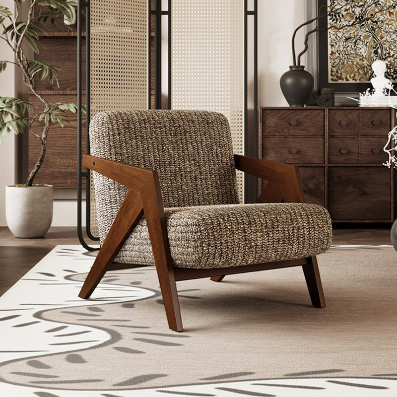 Traditional French-Style Rectangular Accent Chair in Cotton-Linen Fabric with Solid Wood Frame, Backrest and Armrests for Living Room