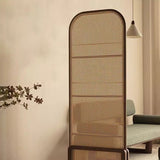 Traditional Chinese-Style Rubberwood Solid Wood Room Divider with PE Rattan Accents and 3-Tier Storage Shelf for Living Room