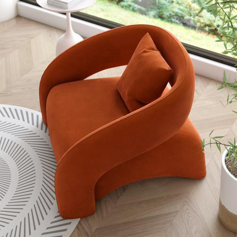 Luxurious Modern Curved Square Leather and Lambswool Fabric Wood Accent Chair with Backrest and Armrests for Living Room