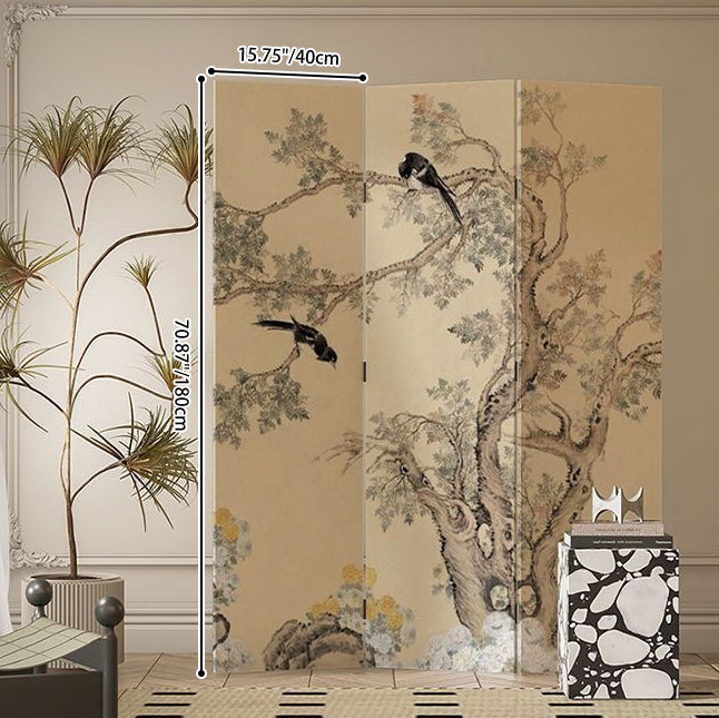 Traditional French-Style Rectangular Room Divider in Fir Wood with Floral and Bird Motif, Cotton Canvas Panels – Living Room Decor