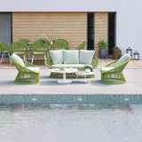 Contemporary Boho Waterproof Woven Rattan Rope Outdoor Coffee Table & Chair Set with Aluminum Alloy Slab – Round and Elliptical Patio Furniture