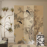 Traditional French-Style Rectangular Room Divider in Fir Wood with Floral and Bird Motif, Cotton Canvas Panels – Living Room Decor