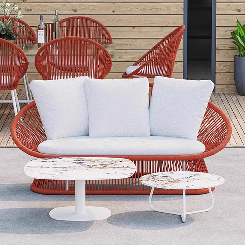 Contemporary Boho Waterproof Woven Rattan Rope Outdoor Coffee Table & Chair Set with Aluminum Alloy Slab – Round and Elliptical Patio Furniture