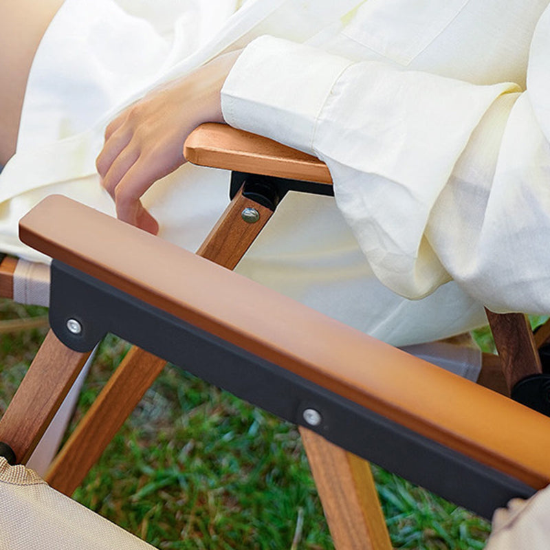 Modern Minimalist Outdoor Folding Chair — Carbon Steel Frame, Square Fabric Seat, Beech Wood Backrest and Armrests