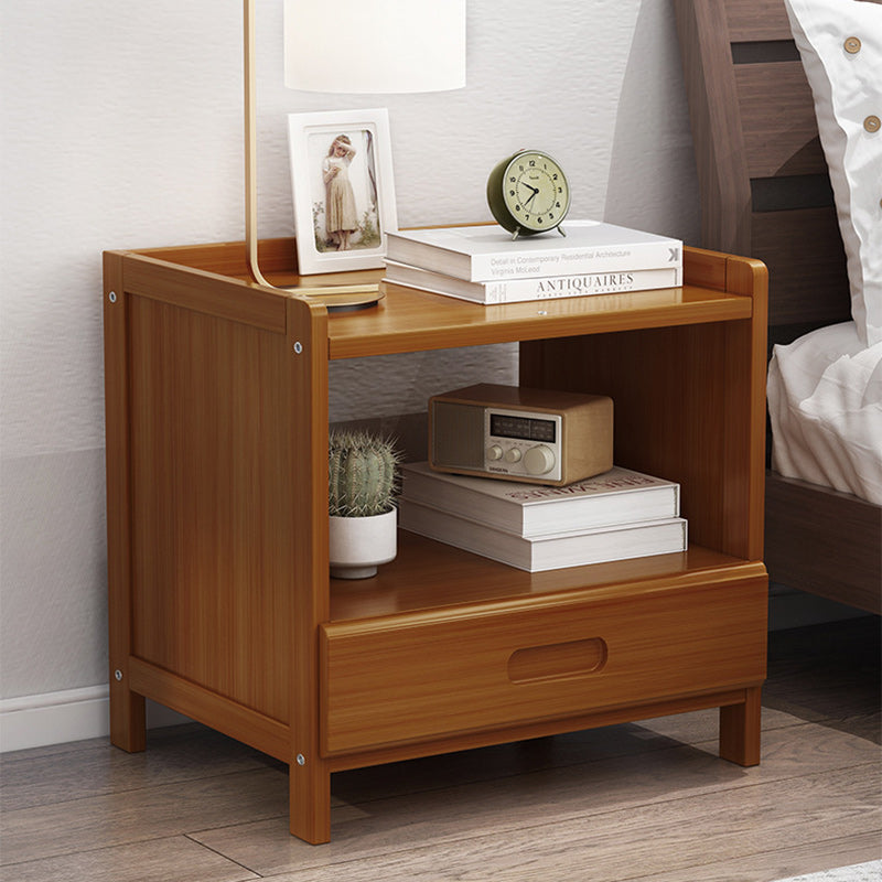 Traditional Japanese-Style Square Bamboo MDF Nightstand with 1/3 Drawer for Bedroom