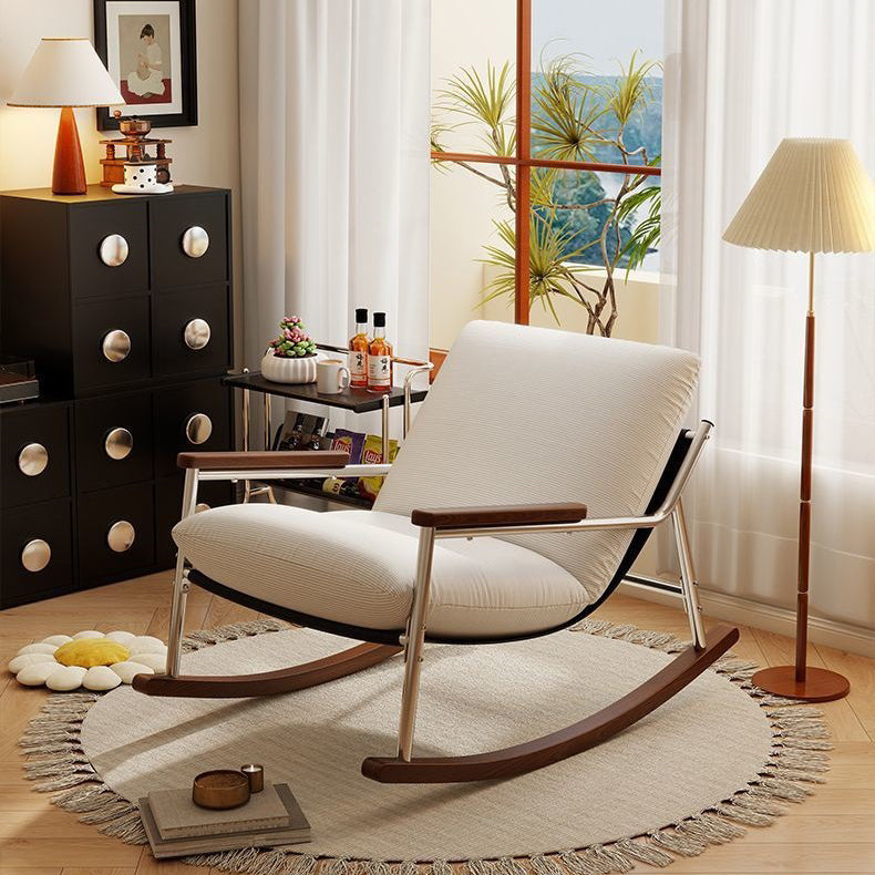 Modern Scandinavian Rocking Chair with Silver-Plated Iron Frame, Corduroy Upholstery, PP Cotton Cushions, and Solid Rubberwood — Ideal for Living Room
