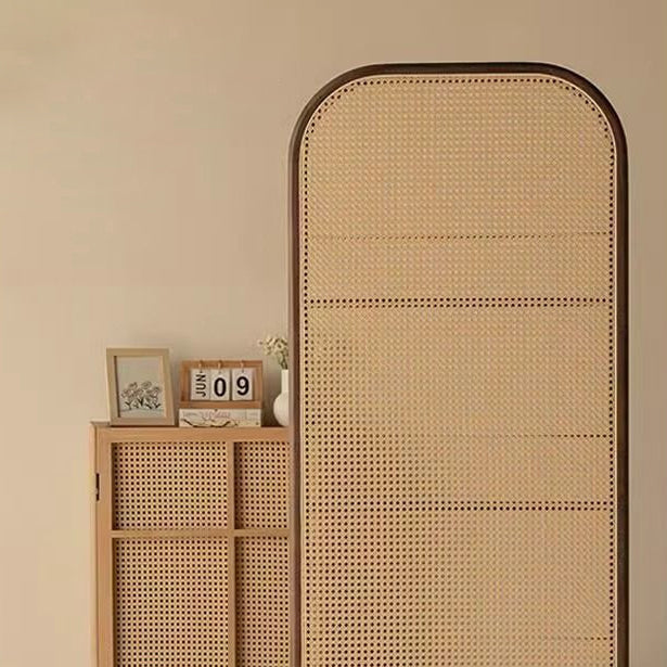 Traditional Chinese-Style Rubberwood Solid Wood Room Divider with PE Rattan Accents and 3-Tier Storage Shelf for Living Room