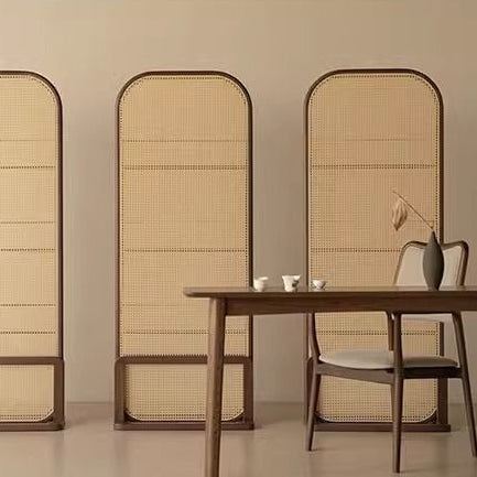 Traditional Chinese-Style Rubberwood Solid Wood Room Divider with PE Rattan Accents and 3-Tier Storage Shelf for Living Room