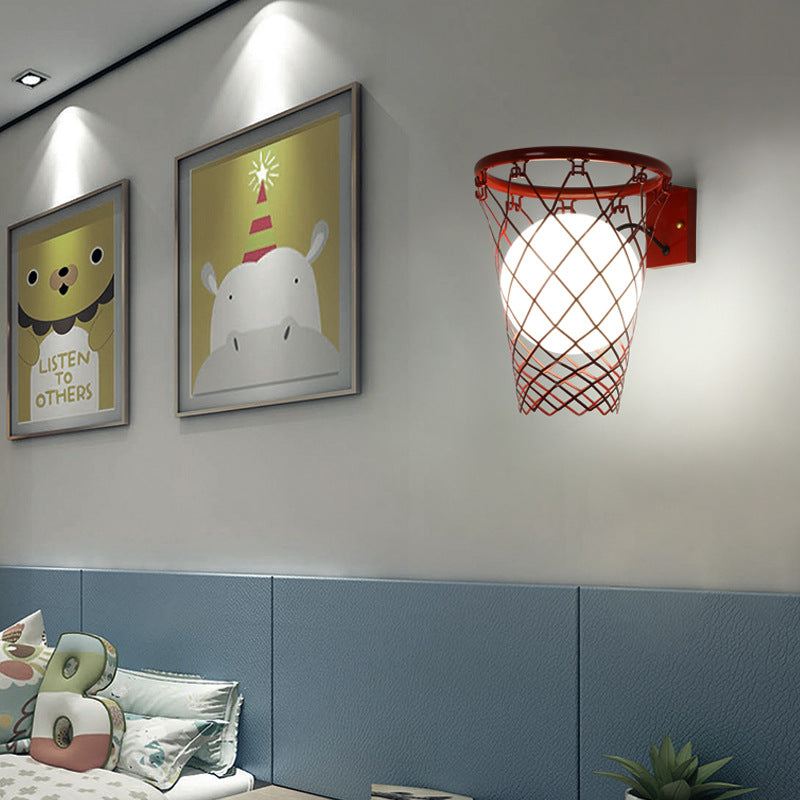 Modern Art Deco Kids' Iron & Glass Basketball Hoop Wall Sconce Lamp – 1-Light Bedroom Lighting
