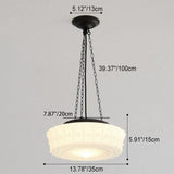 French Vintage White Jade Glass Striped Round Drum LED Semi-Flush Ceiling Light