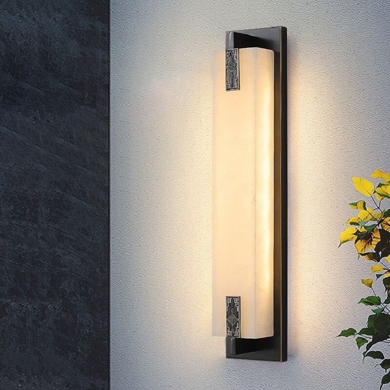 Elegant Modern-Transitional Rectangular Copper-Marble LED Outdoor Wall Sconce Lamp for Patio