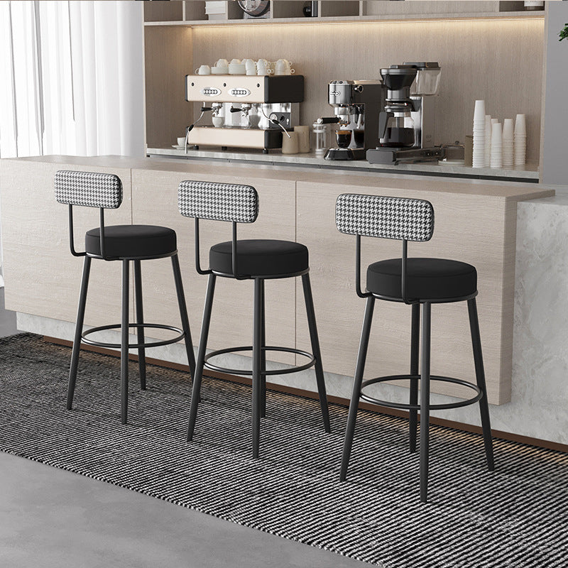 Sleek Contemporary Nordic Round Bar Stool Upholstered in Cotton-Linen Fabric with Backrest and Footrest for Dining Room