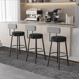 Sleek Contemporary Nordic Round Bar Stool Upholstered in Cotton-Linen Fabric with Backrest and Footrest for Dining Room