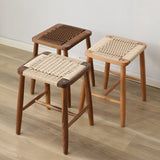 Elegant Traditional Japanese Rectangular Rope-Woven Wooden Bar Stool for the Dining Room
