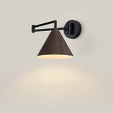 Nordic Minimalist Cone Swing Arm Wall Sconce Lamp - Wood Grain Iron Finish, 1-Light