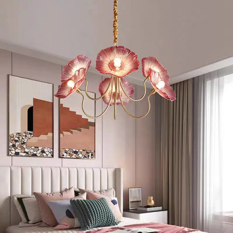 Elegant Modern Art Deco Gold-Finish Frame with Lotus Leaf Glass Shade, 3/6-Light Living Room Chandelier